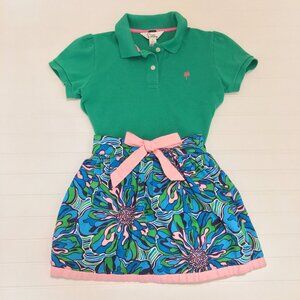 Lilly Pulitzer Green Polo Shirt & Multicolored Flower Skirt Outfit Girls 6/7